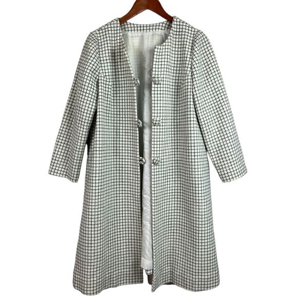 Vintage 60s Wool Plaid Checkered Dress Overcoat Button Front Full Sleeves Lined - Picture 10 of 10